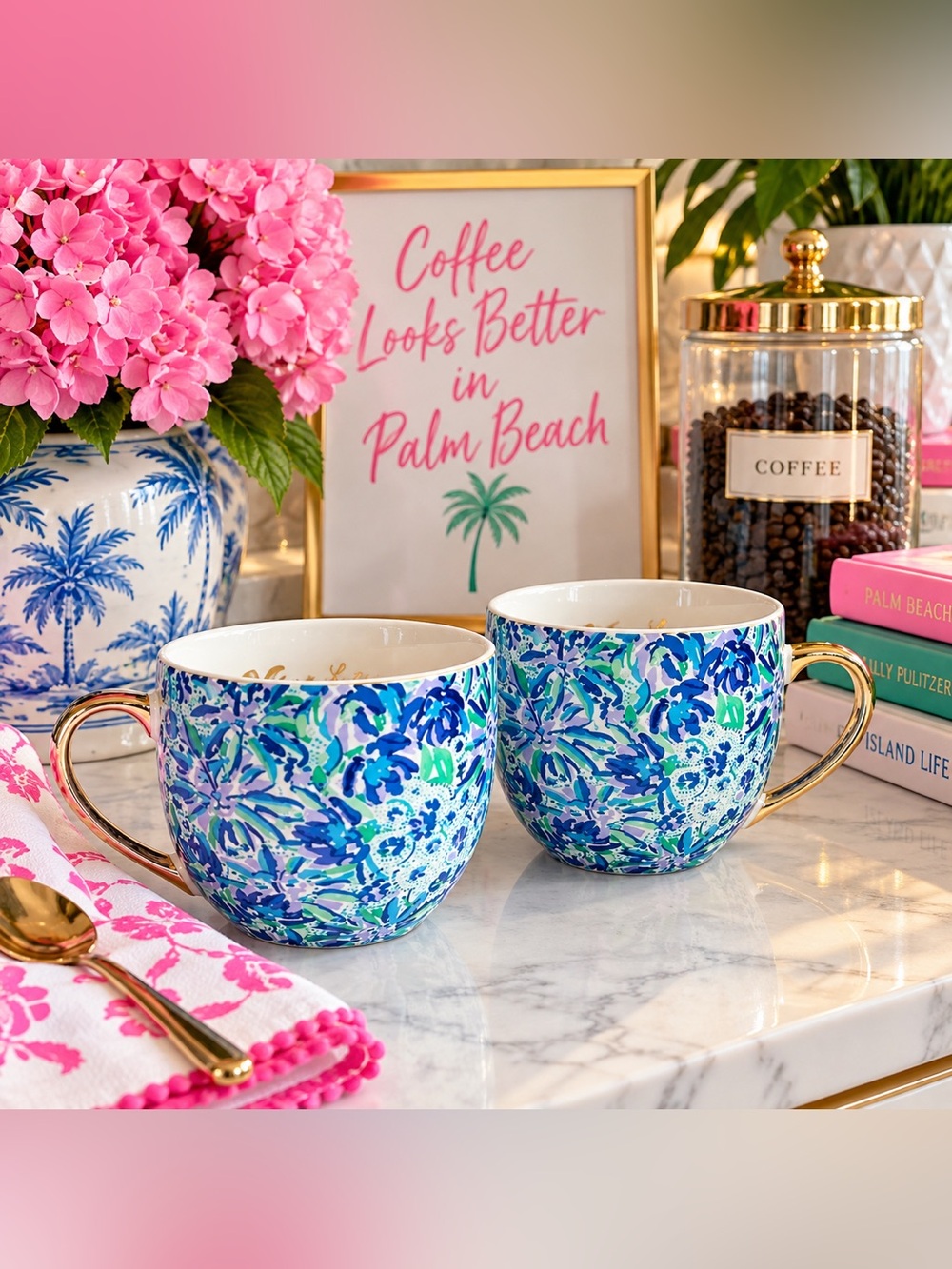 Lilly Pulitzer Blue Floral 12 Oz Ceramic Mugs Set of 2 Rare